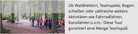 Ob Waldklettern, Teamspiele, Bogen- schießen oder zahlreiche weitere  Aktivitäten wie Fahrradfahren,  Kanufahren u.v.m.: Diese Tour  garantiert eine Menge Teamspaß.